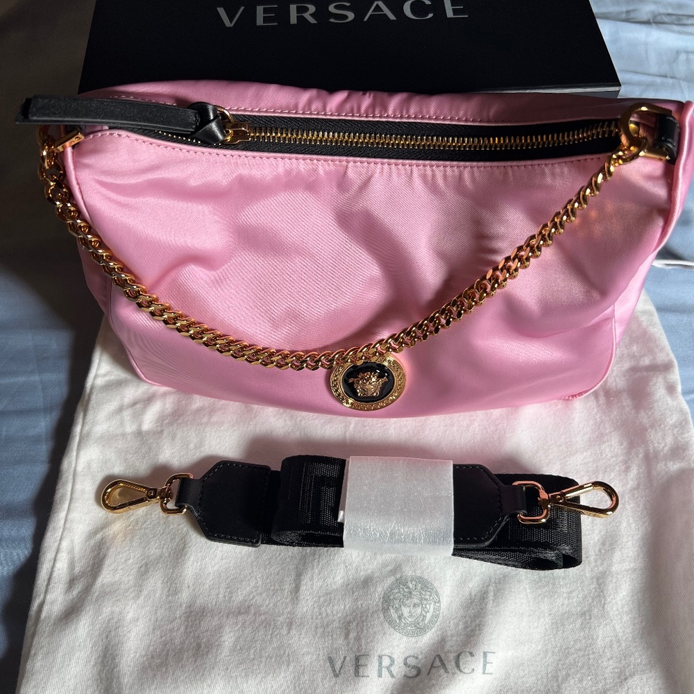 SOLD!!!! VERSACE Nylon Tribute Chain Crossbody Shoulder Bag Light Pink